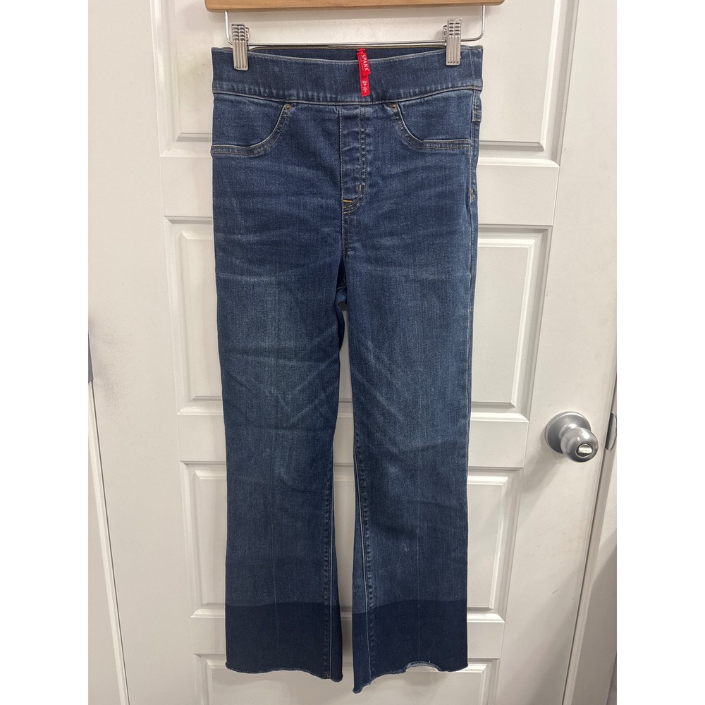 Spanx Flare Ankle Jeans Dark Wash Released Hem Pull On Denim XS High Rise
